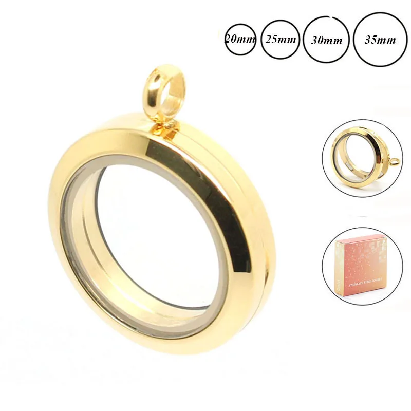 

Wholesale 20mm 25mm 30mm 35mm gold 316L stainless steel floating locket glass memory locket pendant