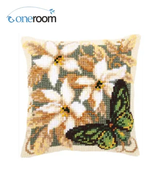 

flowers Needlework Kit Unfinished Acrylic Yarn Embroidery Pillow Tapestry Canvas Cushion Front Cross Stitch Pillowcase