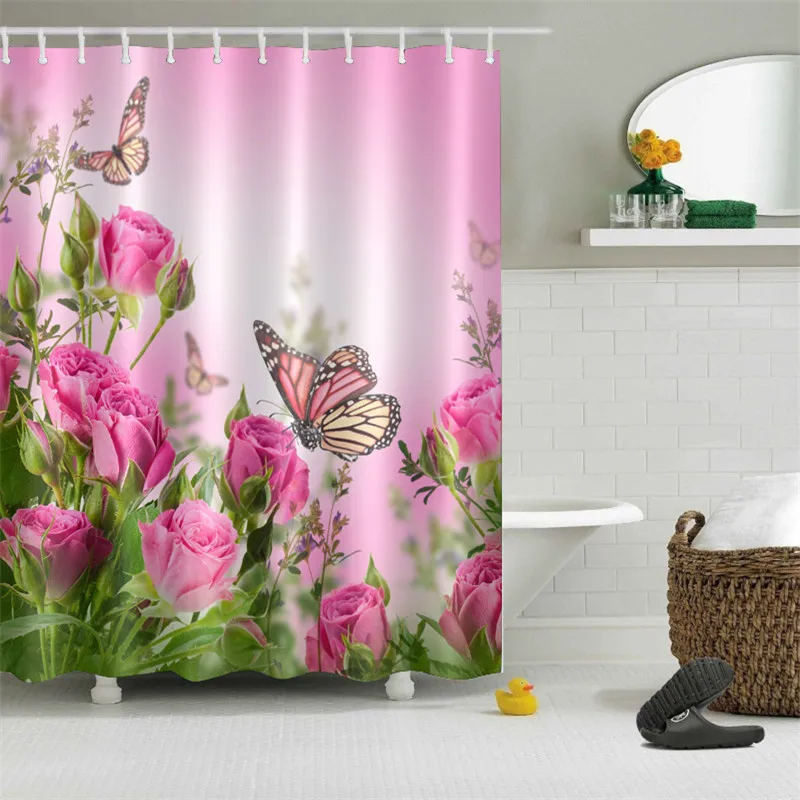 

Flower Butterfly 3D Printed Shower Curtains Waterproof Polyester Fabric Bath Bathroom Curtain With Hooks