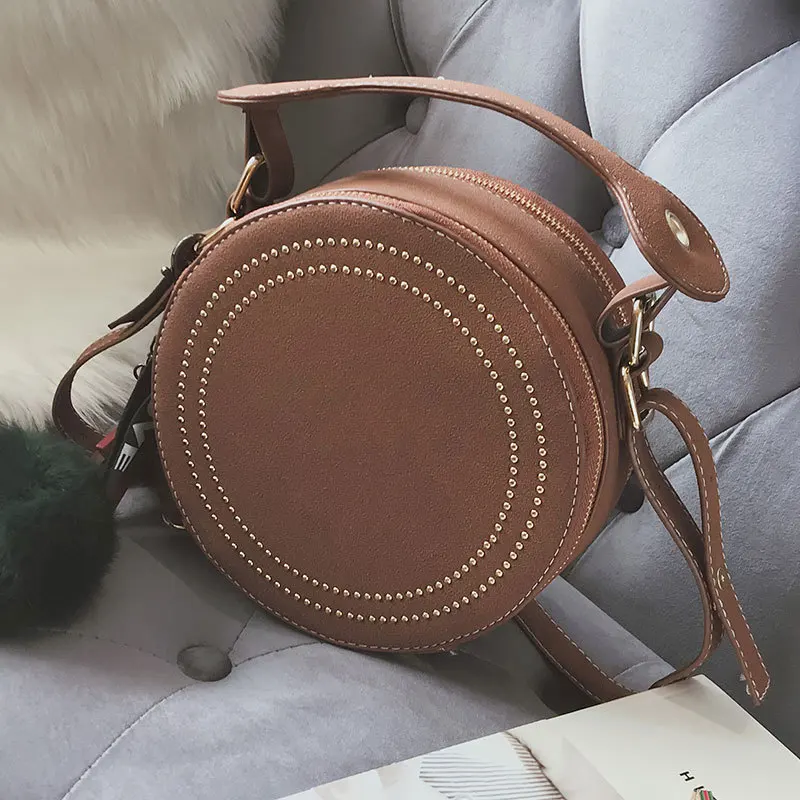 

Round Crossbody Bags For Women Handbags Rivet Pu Leather Messenger Bag Hair Ball Bag Circle Cute Star Pendant Girls Shoulder Bag