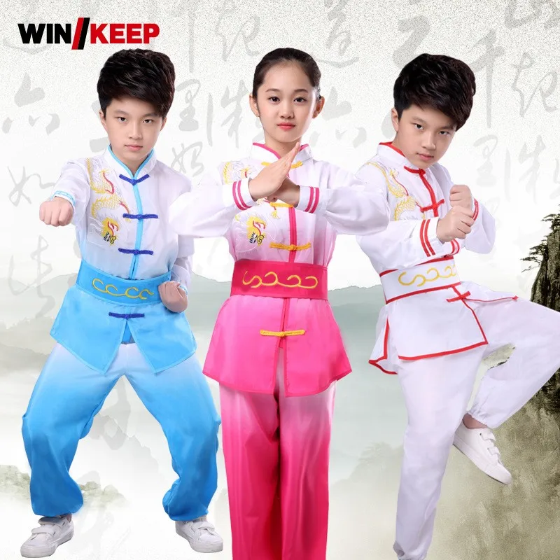 

Kids Embroidery Kung Fu Perform Uniform Boys Girls Trainers Tai Chi Clothing Tracksuit Child Belted Martial Arts Sets Sportswear
