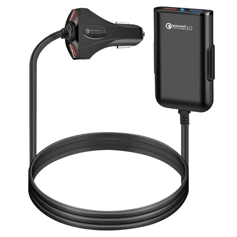 Универсальный QC3.0 автомобиля зарядное устройство 4 порты USB с 1,6 м/5.2ft 1,6 м удлинитель Кабель+ зажим для заднего сиденья зарядки Авто Быстрая зарядка