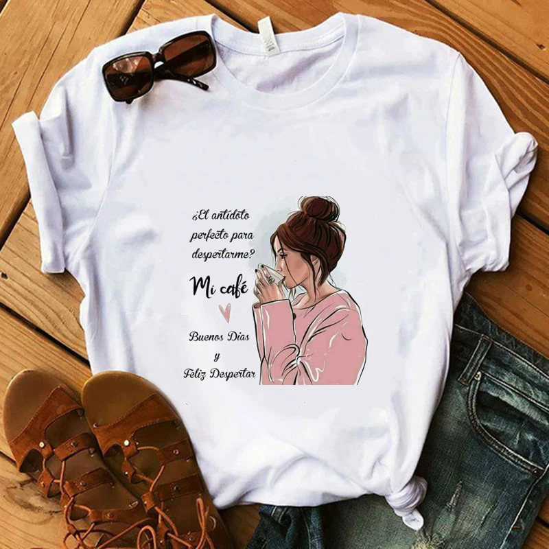 

Vogue Coffee Girl T-Shirt 100% Cotton White T-Shirt Women Summer Super Soft Casual Lady Tops First Coffee Drawing Art Tees
