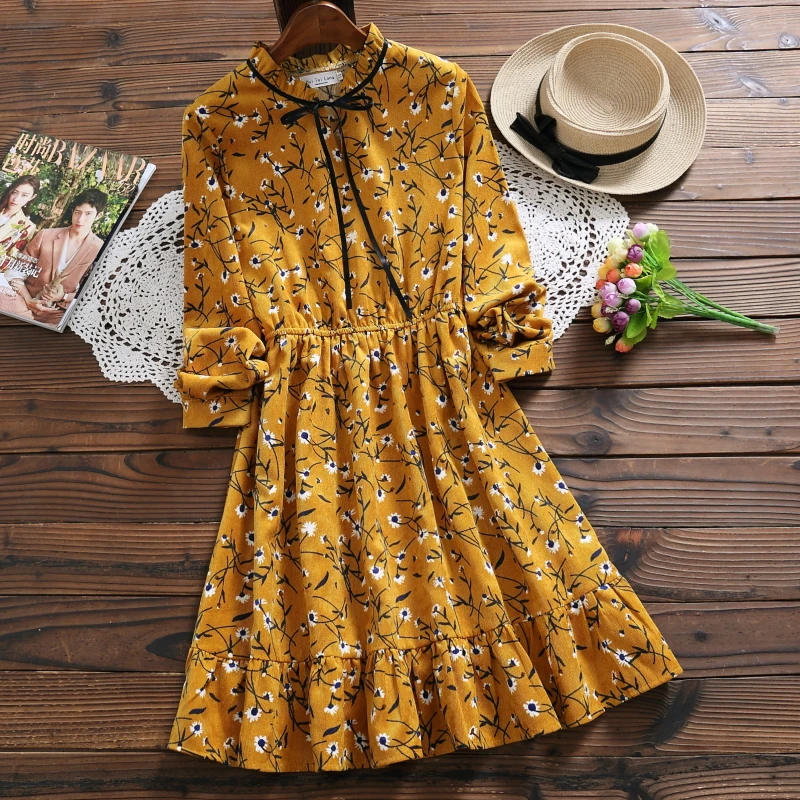 Весна Осень женское вельветовое платье Новая мода бежевый желтый длинный рукав цветочный принт милое платье kleider damen - Цвет: Цвет: желтый