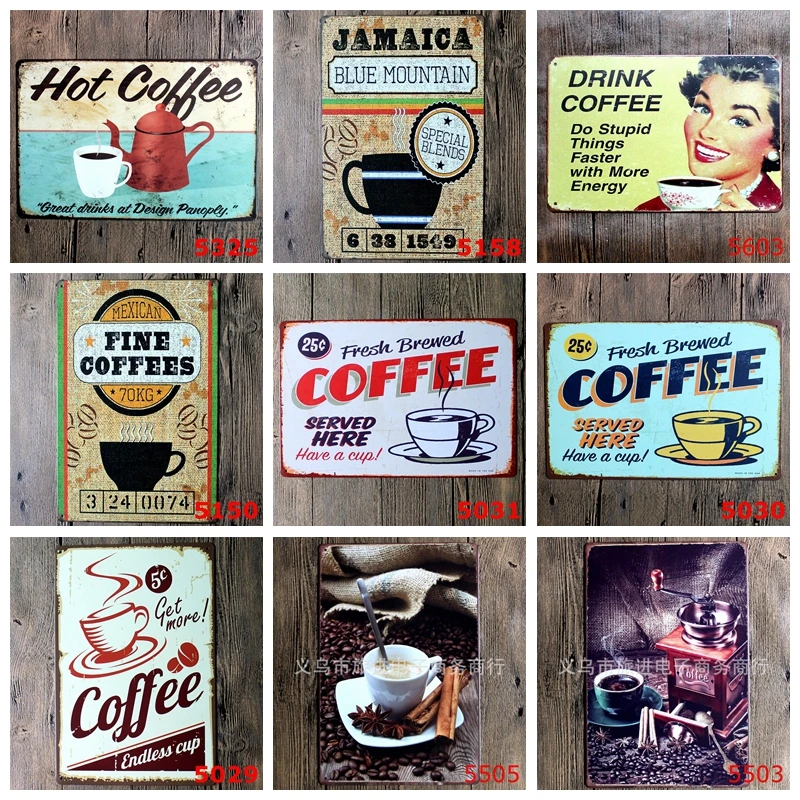 

Fresh Brewed Coffee Served Here Signage Drink Hot Coffee Vintage Cafe Shop Home Decorative Wall Art Painting Metal Signs YN017