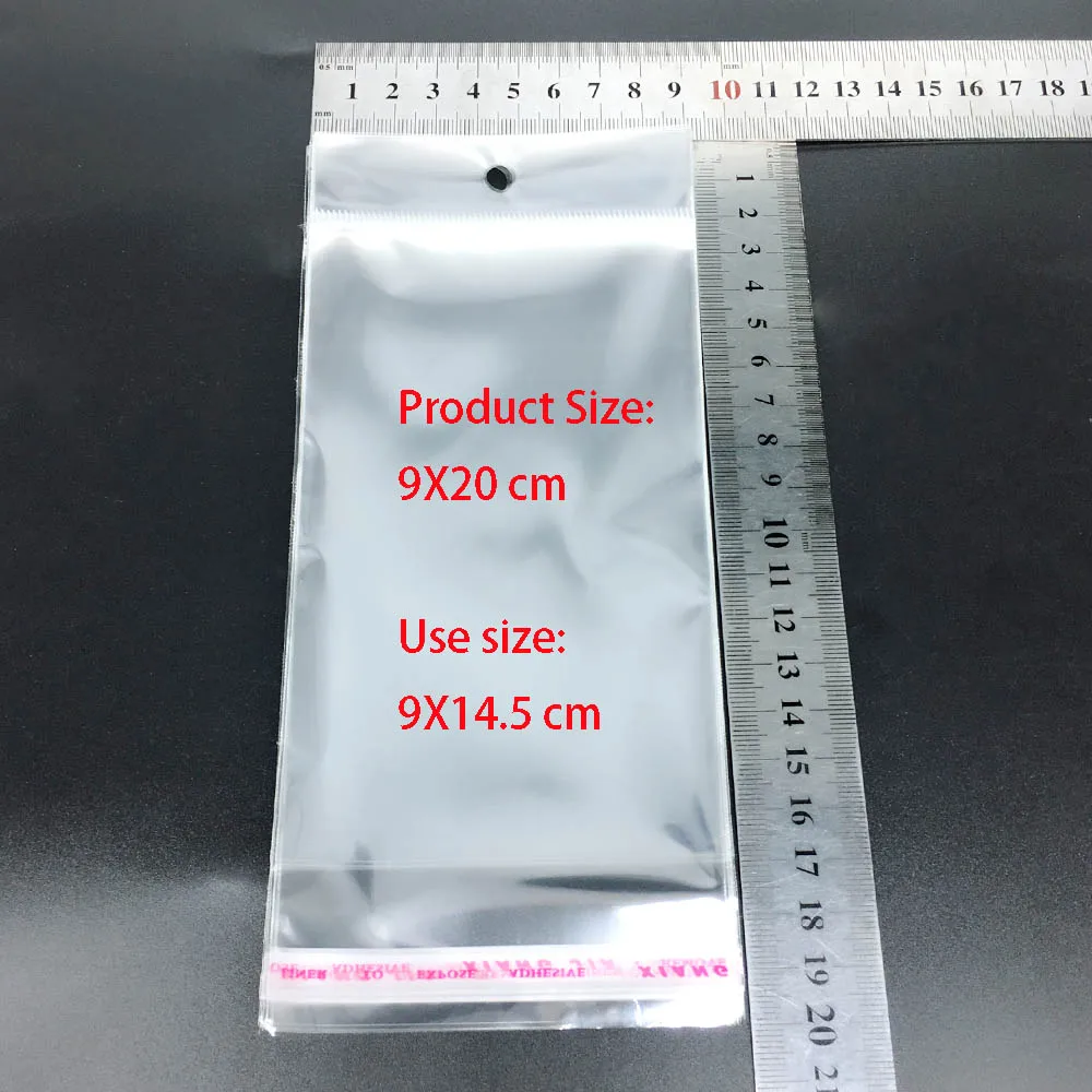 

100pcs self-adhesive transparent plastic bag transparent OPP bag jewelry gift bag with hanging holes DK9x20cm