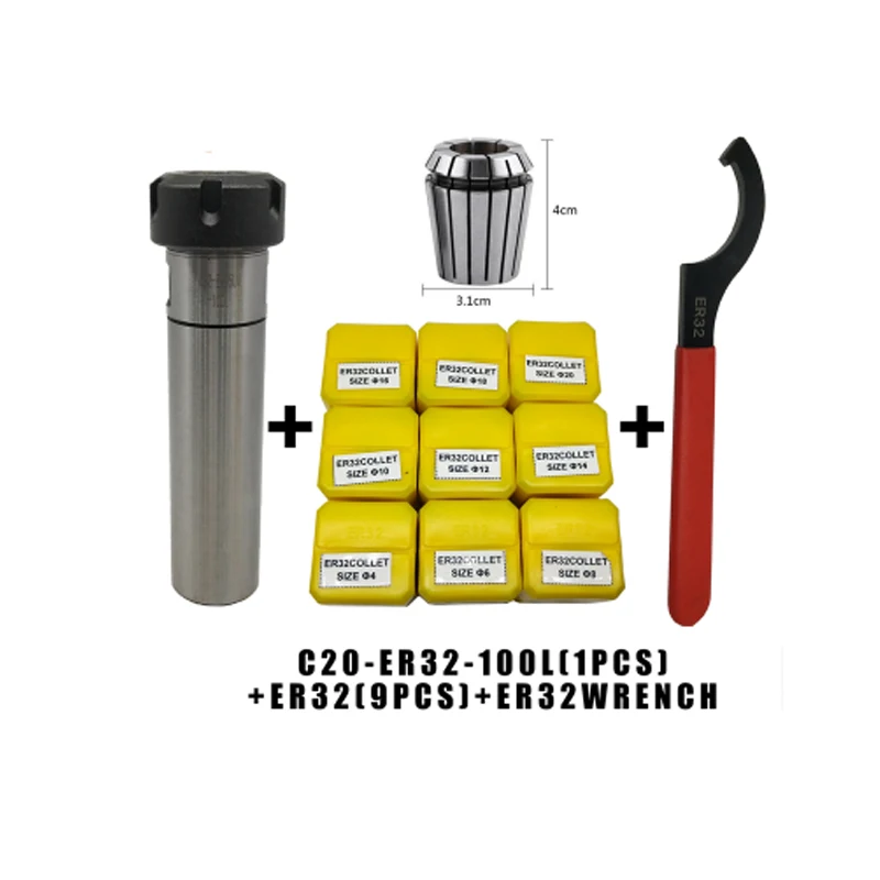 

ER32 Spring Clamps 9PCS C20/C25/C32 ER32-100/150 1PCS ER32 Wrench 1PCS Collet Chuck Morse Holder Cone For CNC Milling Lathe tool