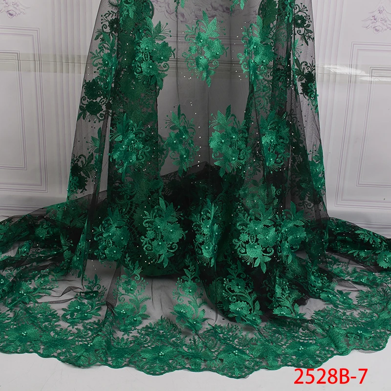 

Latest Green African Lace Fabric 2019 High Quality Lace Fabrics with Beads Embroidery Net Lace French Tulle Lace Fabric APW2528B