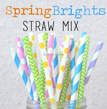 

100pcs Mixed Colors Spring Brights Pink Yellow Green Blue Paper Straws,Cake Pop Sticks Mason Jar