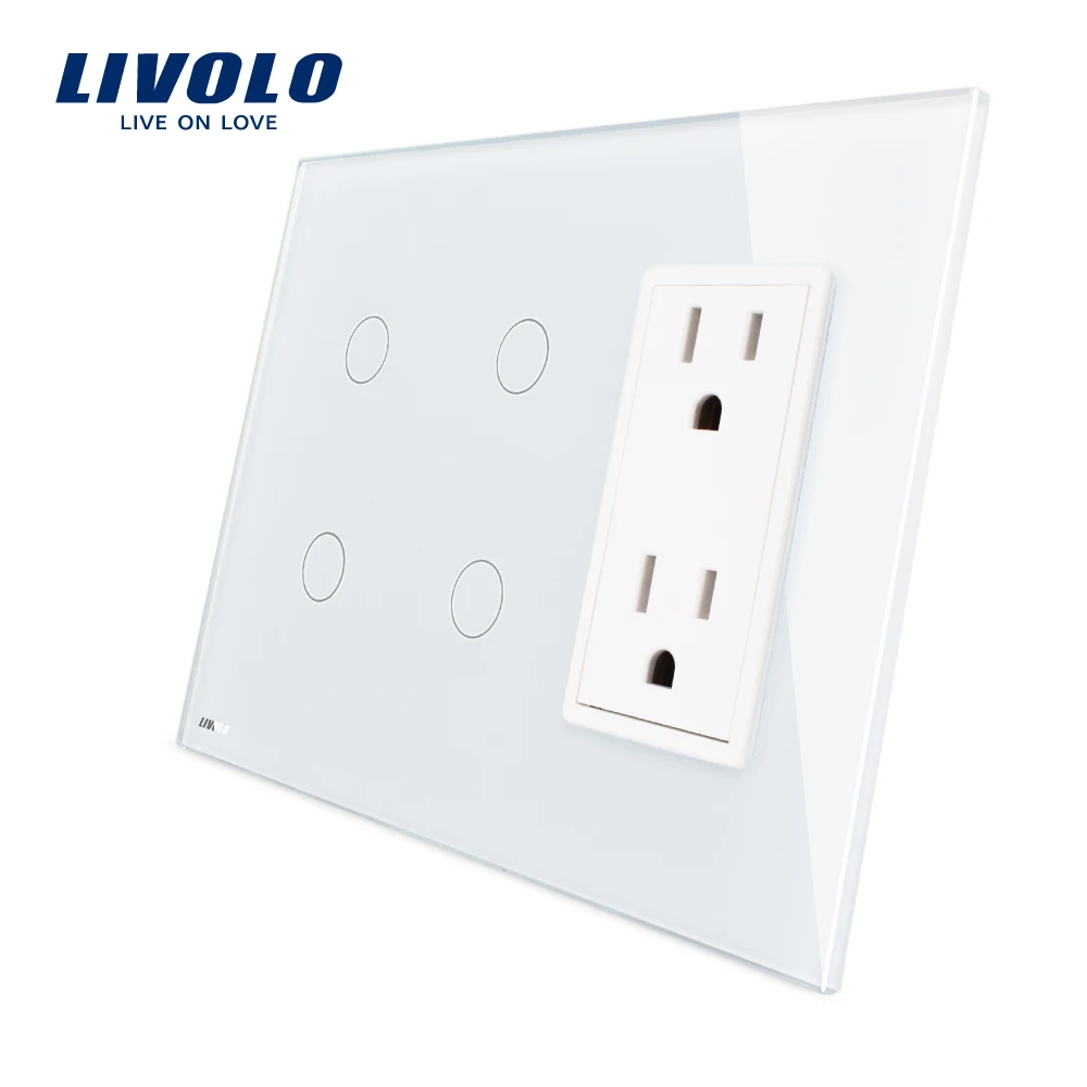 

Livolo US standard Vertical, 2Gang+2Gang +US Socket(15A) , Luxury White Crystal Glass, VL-C502-11/ C502-11/C5C2US-11