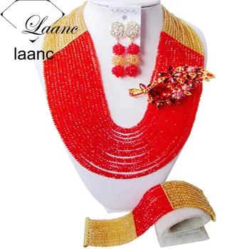 

Brand Laanc Jewelry Set Luxury Bridal Necklace Nigerian Wedding African Beads Crystal Red and Gold 4mm 22inches Long AL190