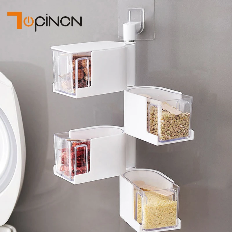 

2/3/4Layers Sticking Rotary Seasoning Kitchen Organizer Pepper Sugar Jar Spice Rack Wall Mount Food Box Storage Can Kitchen Tool