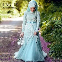 Blue Muslim Evening Dresses Hijab Long Sleeves Lace Applique Saudi Arabic Dresses Country Western Robes De Soiree 2017 Longue