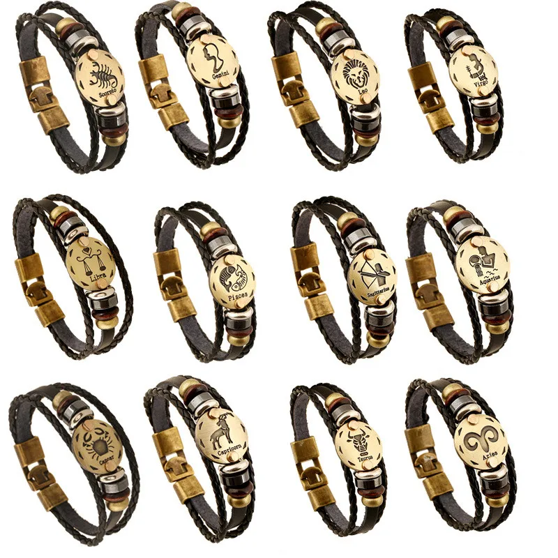 

12 constellations Zodiac Sign leather buckle Bracelet Bronze charm Taurus Scorpio Libra wrap Bangle men Punk braided bracelets