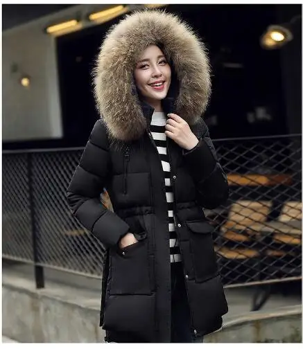 Big Real Fur Women Jacket Winter Coat 2016 Raccoon Fur Collar Hooded Long Warm Slim Thick Parkas For Women Jackets and Coats