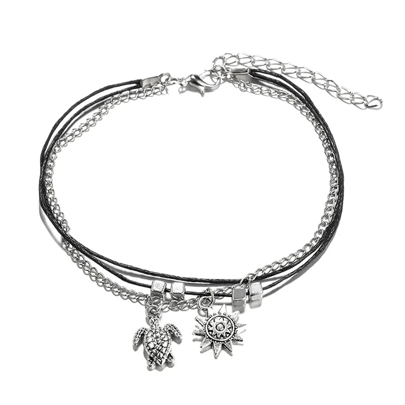 

2019 Simple Geometric Turtle Sun Animal Square Beaded Black Wire Rope Chain Anklet Gift For Women Beautiful Anklets