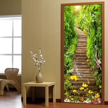 Self-adhesive 3D Door Sticker Mural Forest Stone Stairs Waterproof PVC Wallpaper Wall Stickers Living Room Bedroom Home Decor 3d door unicorn animal wall sticker styling vinyl mural forest landscape wallpaper home living room bedroom decoration