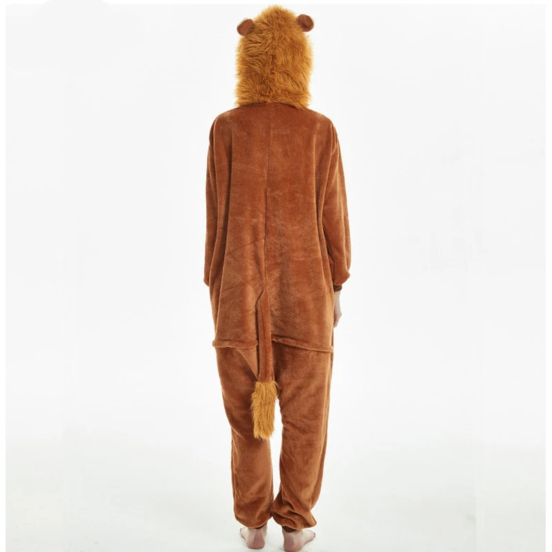 Animal Lion Kigurumi Onesie Cartoon Soft Flannel Pajama Overalls Kids Adult Sleepwear Winter Warm Jumpsuit Hooded Funny Suit