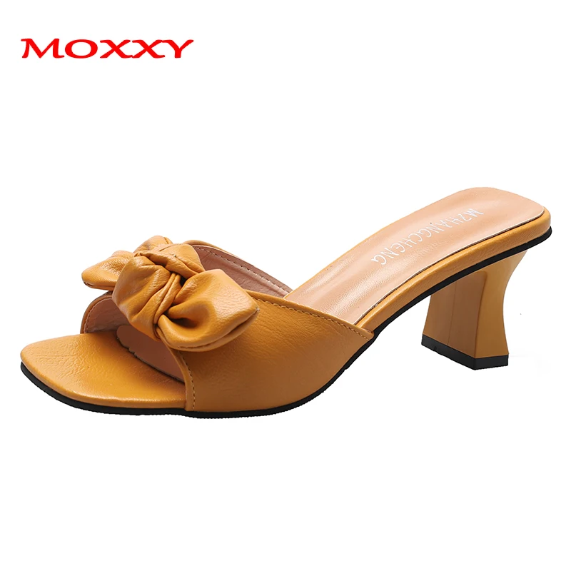 

2019 New Summer Fashion High Heels Sandals Women Sandals Leather Bow Sexy Yellow White Sandal Outdoor Slippers Women Shoe Slides