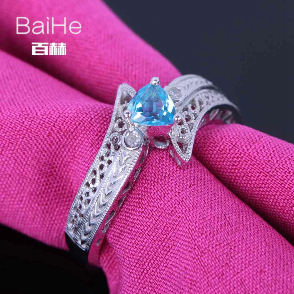 BAIHE Solid 14 K белое золото(AU585) 0.19CT Сертифицированный триллион безупречный подлинный синий топаз свадебные женские ювелирные кольца