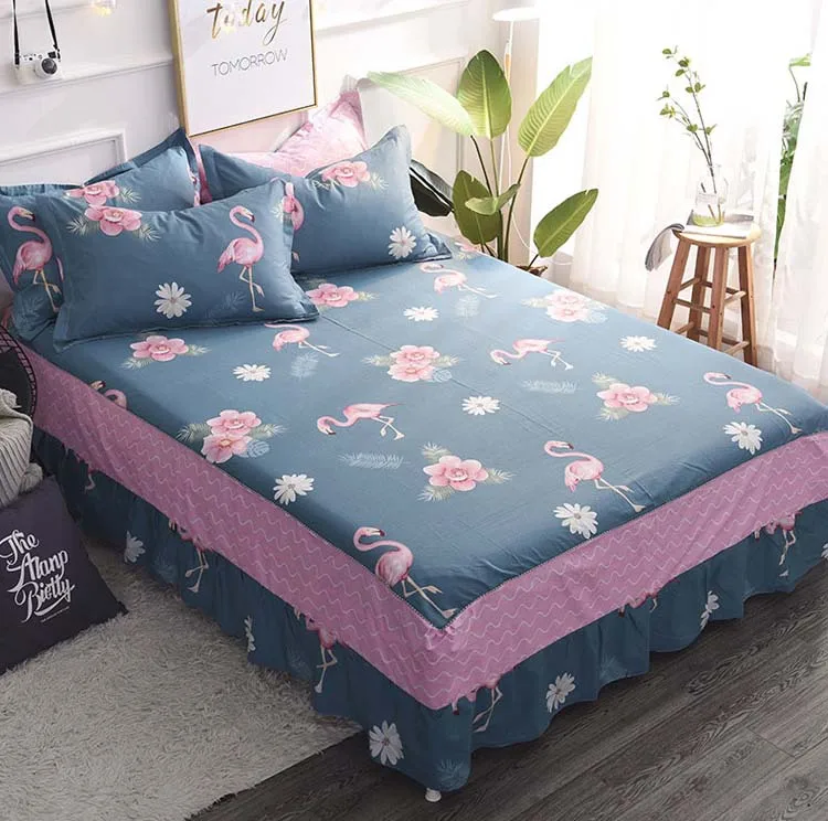 

Flamingo cotton bed skirt, non-slip protective cover,bed skirts,twin full queen Double size bedding Mattress cover