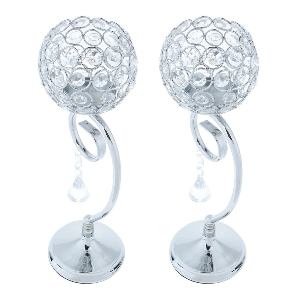 Crystal Effect Tea Light Candle Holder Globe Bowl Wedding Table Top Votive Lighting Fixtures Silver 35cm 2-set	