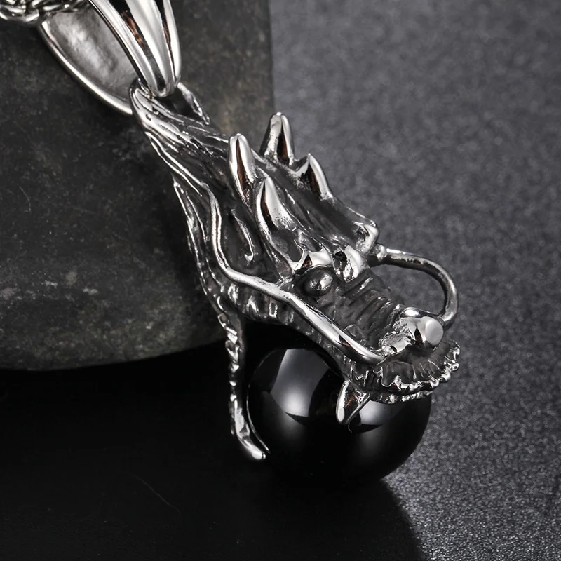 Punk Design Jewelry Gifts Large Black Stone Biker dragon Pendant Stainless Steel Men's Necklace | Украшения и аксессуары