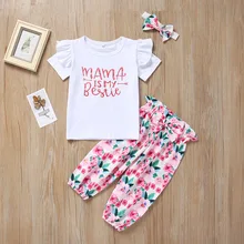 3 предмета в комплекте Одежда для новорожденных девочек летние надпись "Мама" is my Bestie» Топы+ брюки с цветочным принтом+ повязка на голову для малышей, наряд для маленьких девочек