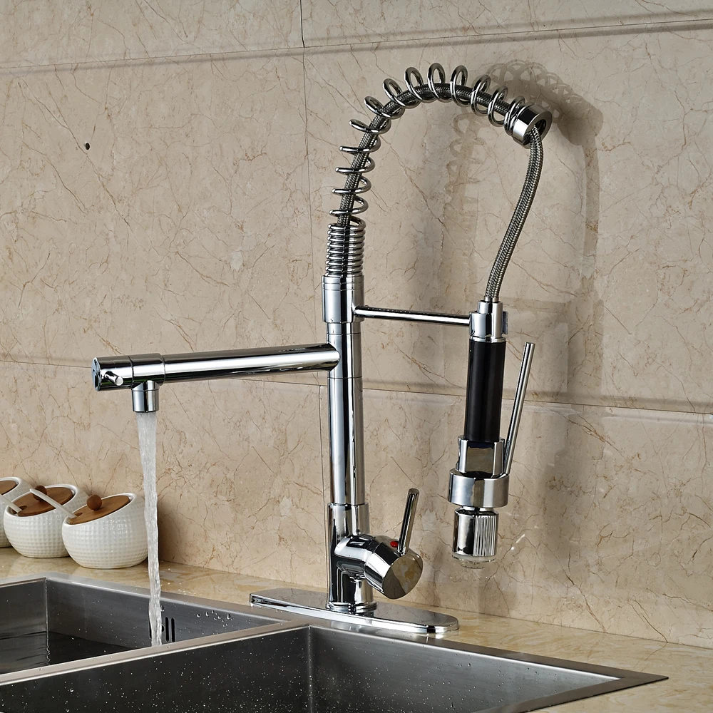 

Newly Chrome Finished Pull Out Kitchen Sink Faucet LED Light Spout Mixer Tap With Cover Plate