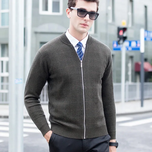 MACROSEA 100 Merino Wool Men's Plaid Sweatercoat Men's Zipper Formal Business Sweater Coat