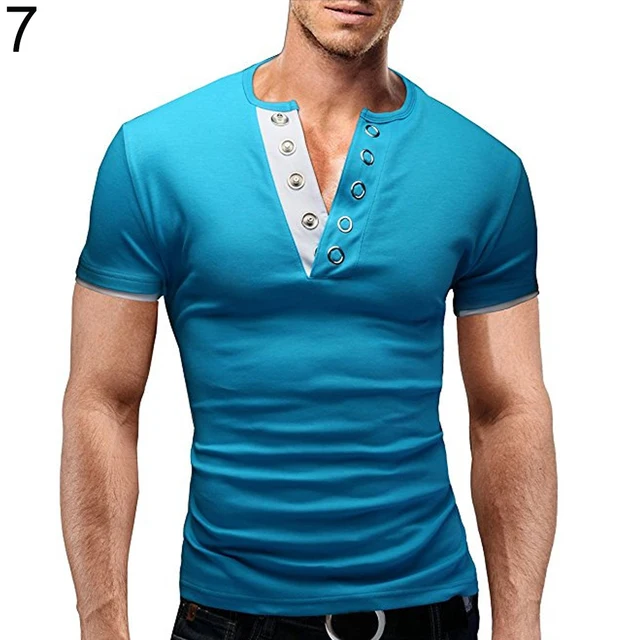 Men Hasps Round Neck Short Sleeve Slim Fit T Shirt Color Patchwork Tee