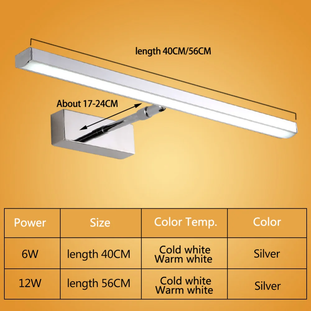 Светодиодный светильник-зеркало 6 Вт, 8 Вт, 40 см, 56 см, нержавеющая+ акриловая, современный декор, светильник ing для ванной, лампа для спальни, фойе, кабинета, бра, теплый/белый
