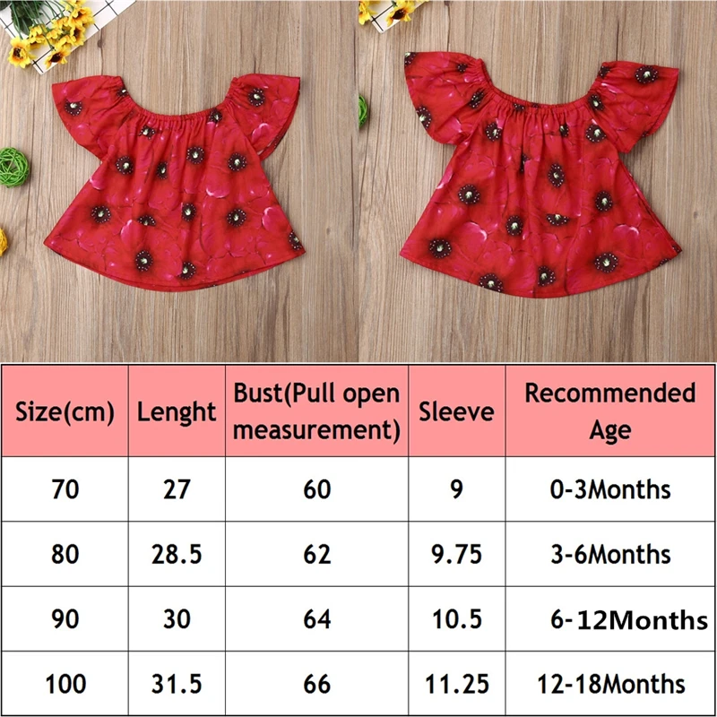 С открытыми плечами топы с цветочным рисунком, короткий рукав, красная блузка Повседневное для маленьких детей, малышей детская блузка для девочек