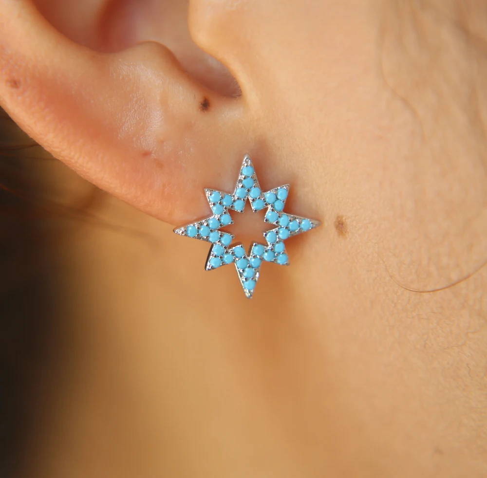 

simple stud micro pave blue turquoises stone north star sun burst stud rose gold color delicate fashion earring