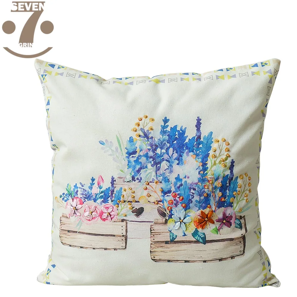 

Cotton Linen Cloth Cute Blue Flowerpot Rope Embroidery Pattern 45x45cm Square Pillow Case