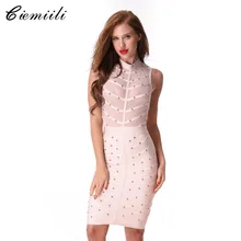 CIEMIILI 2017 New Women Party Summer Mesh Bandage Dress Studded Button Sleeveless Knee-length Celebrity Runway Bodycon Dresses