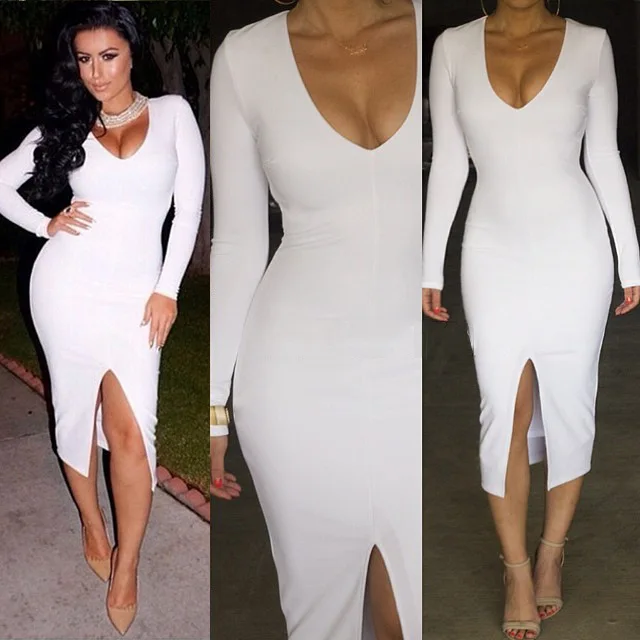 V Neck Long Sleeve Bodycon Dress V Neck Long Sleeve Bodycon Dress
