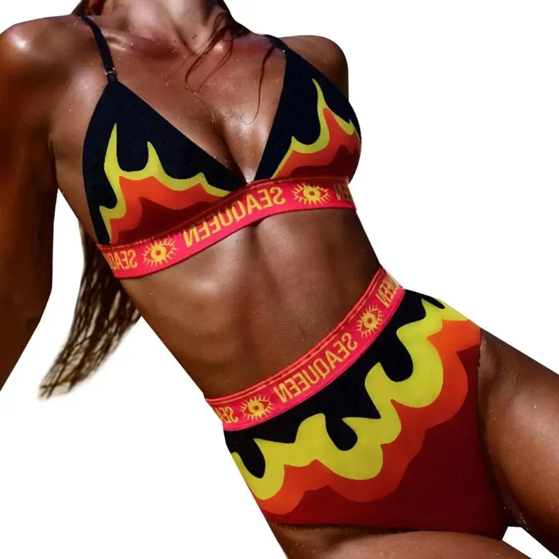 

Womens Sexy Two Piece Bikini Set Gradient Contrast Fire Flame Printed Swimsuit Letters Waistband No Padded Bathing Suit