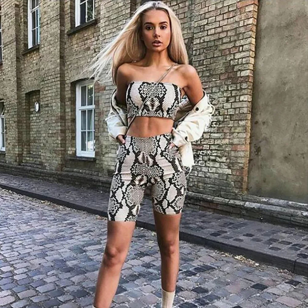 

2 piece set women snake skin strapless crop top and short set female knee length outfit pants Off Shoulder Wrap two piece set
