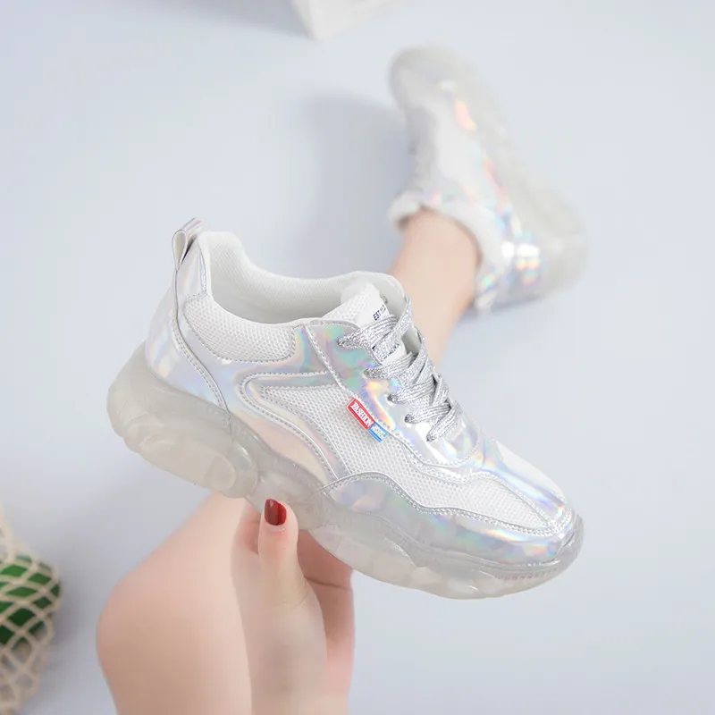 

Outdoor Sneakers Women Shining Walking Shoes Casual Shoes Flat Jelly Bottom Mesh Lightweight Sliver Sport Shoes for Women