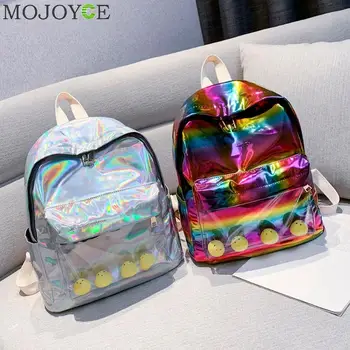 

Fashion Ladies Chick Decor Laser Travel Backpacks Women Transparent School Bags Casual Large Capacity PU Leather Knapsack Preppy