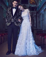 The new 2016 petals long dress with short sleeves Banquet bridal wedding gown ladies dress