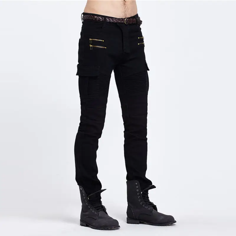 

High quality streetwear Trendy men jeans pleated elastic feet jeans skinny Fashion biker harem pants