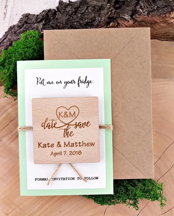 

personalize names date engraved Wooden Card save the date Wedding invitations Magnets, Wedding Save the Date Magnet