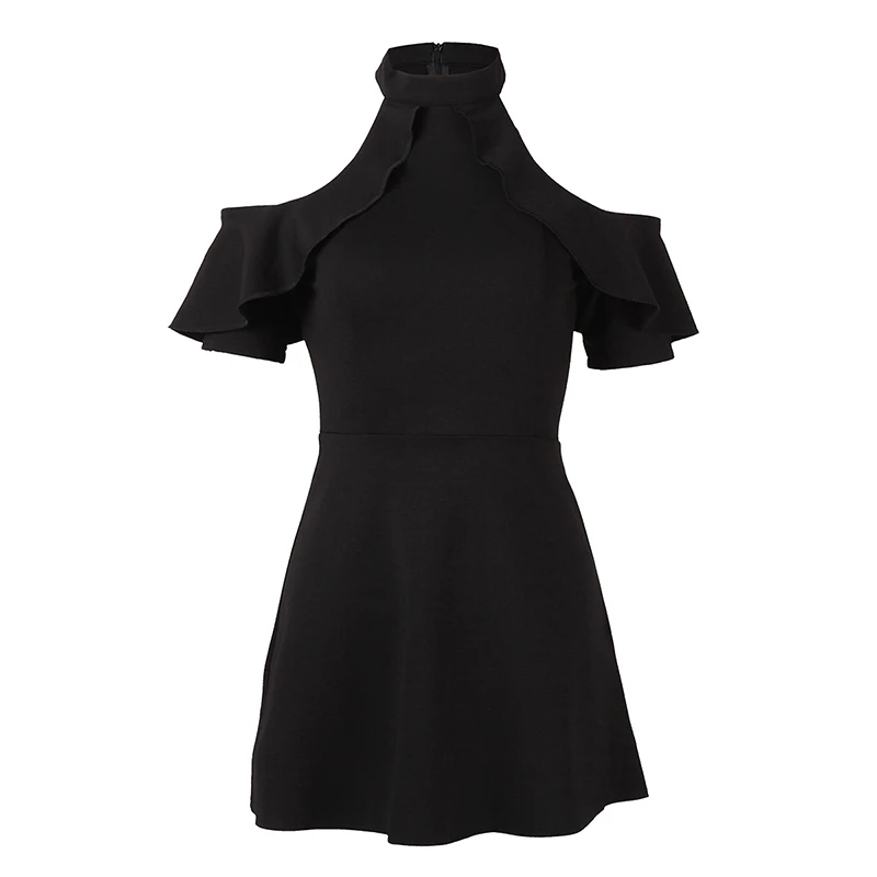 Women Elegant Black Party Dress Ruffle Cold Shoulder Stand Collar