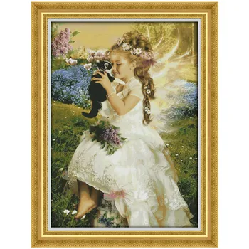 

The Girl Holding The Cat Cross-stitch stamped cross stitch kits Printed On Canvas Chinese Cross Stitch Kits fabric Home Decor
