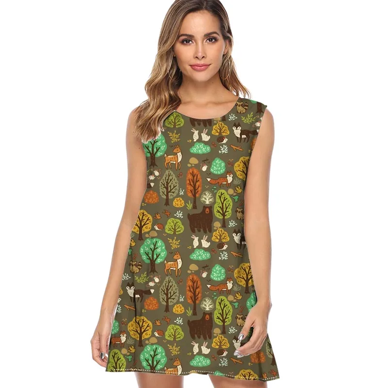 Женское платье с принтом лисы для бега в лесу осенних деревьев,, стиль, Повседневное платье без рукавов с круглым вырезом, шифоновое летнее платье - Цвет: QZ1221