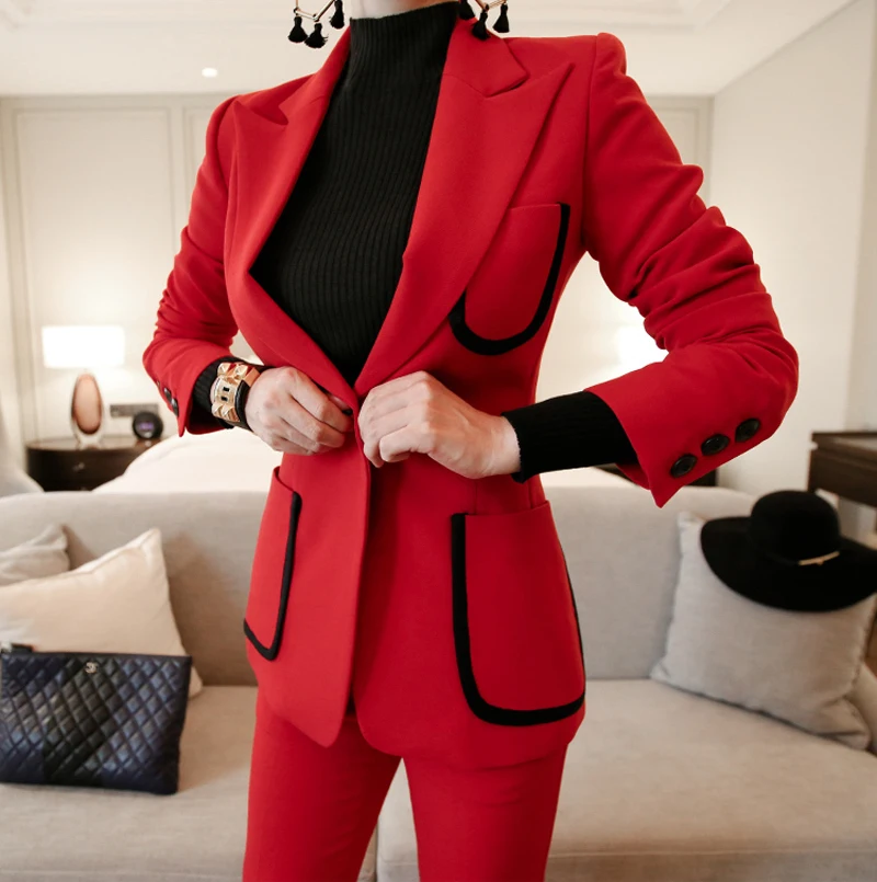 Модный Одноцветный женский брючный костюм на одной пуговице с зубчатым воротником, Модный Цветной Блейзер, пиджак и брюки-карандаш, офисный Женский комплект из двух предметов