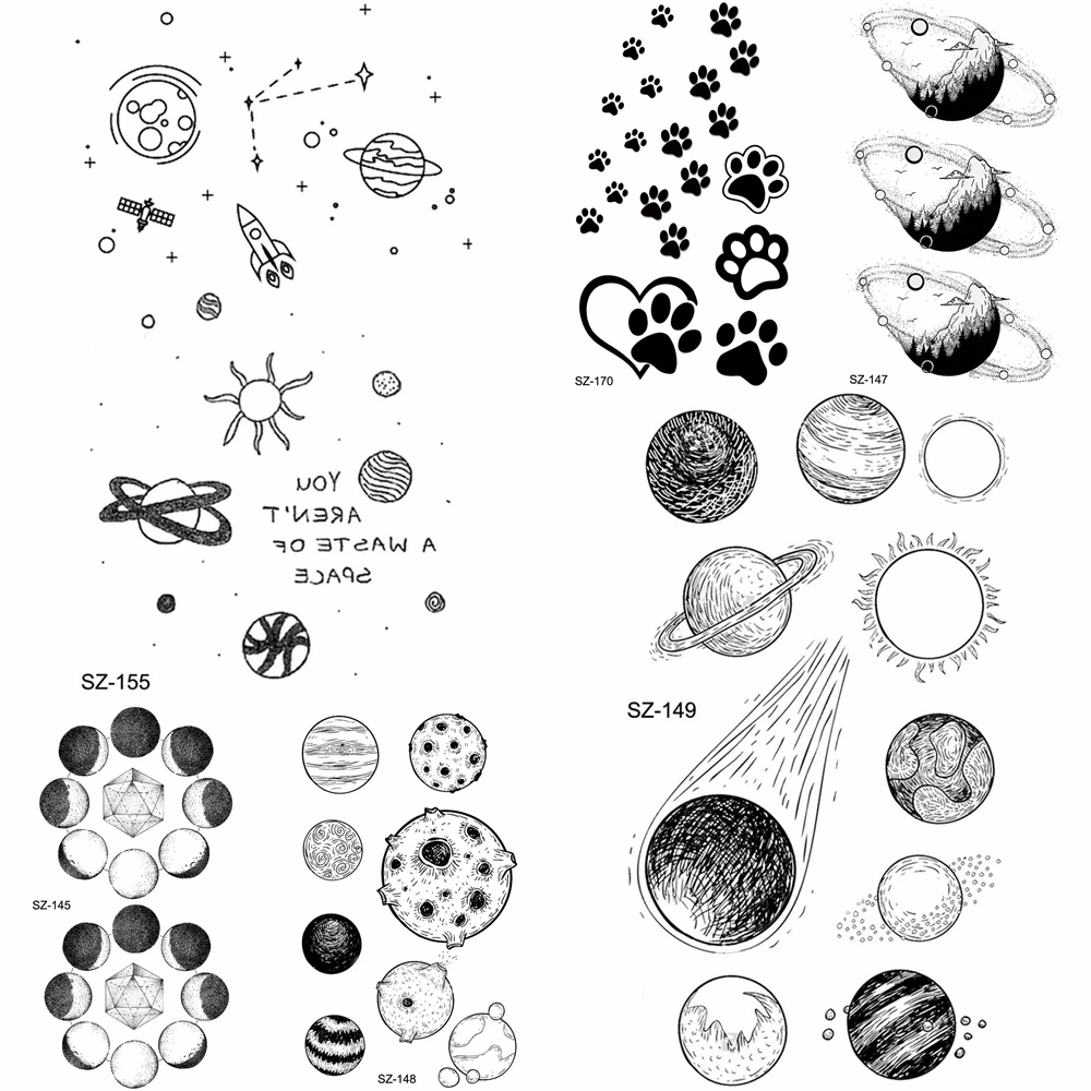 3D дети звезды Планеты временная татуировка наклейка Дети рука поддельные черные татуировки мультфильм собака Лапа планета Водонепроницаемый Милые татуировки Рождество