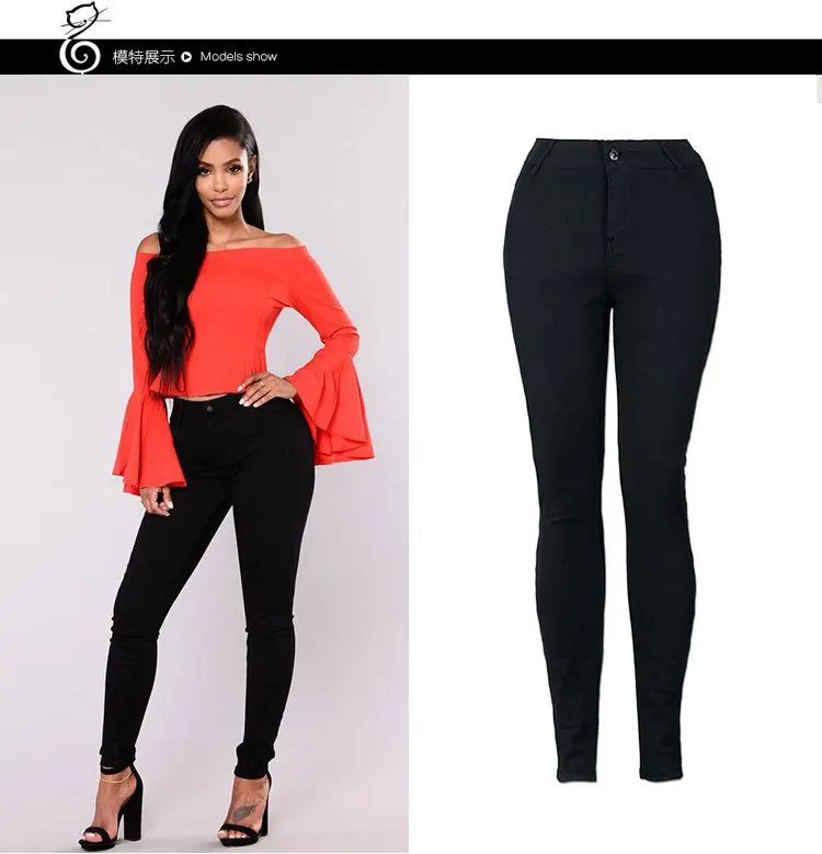 

Solid Color High Waist Stretch Denim Pants Pocket Personality Black All Match Jeans